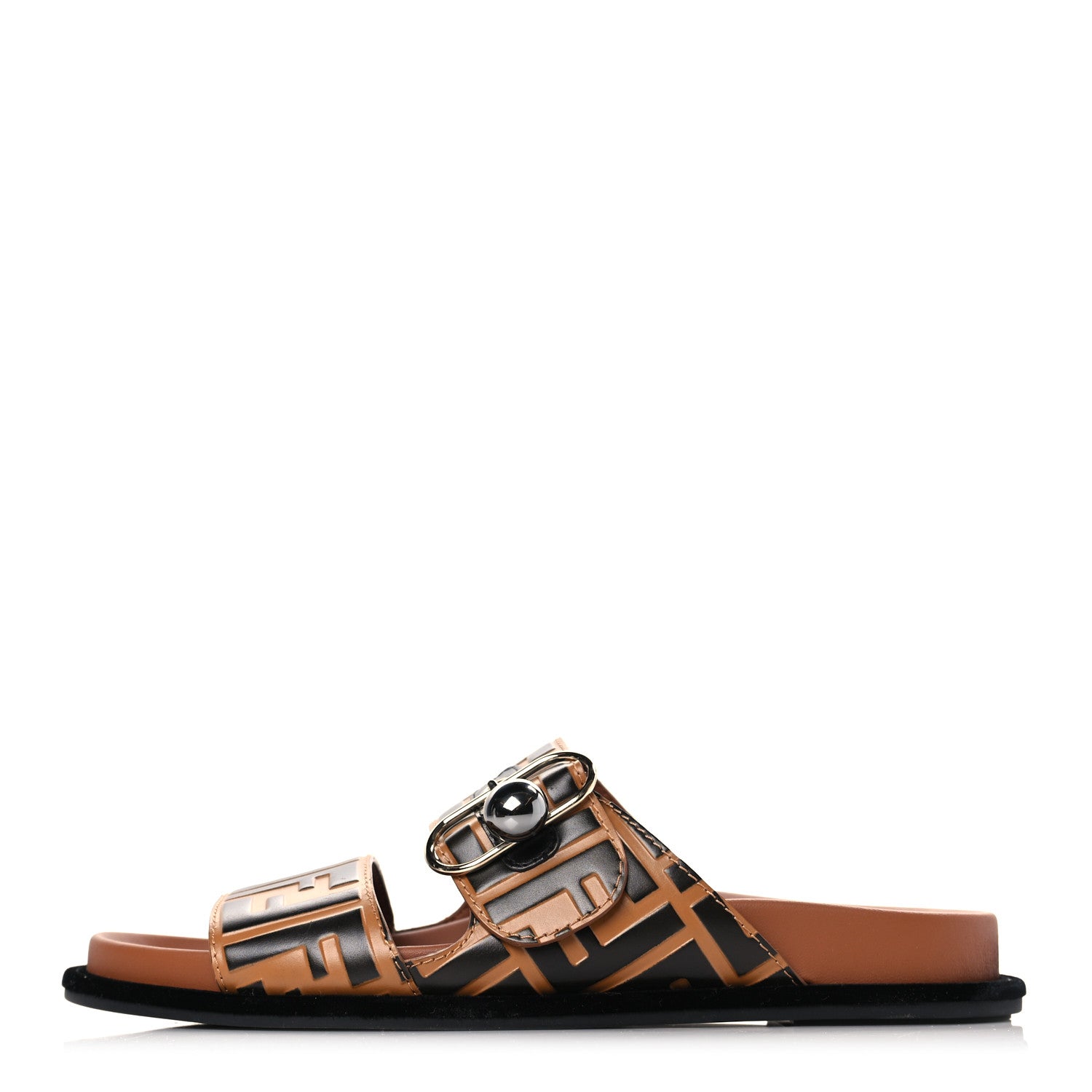 Fendi Calfskin FF Embossed Pearland Slide Sandals 39 Tobacco Moro 1 of 7