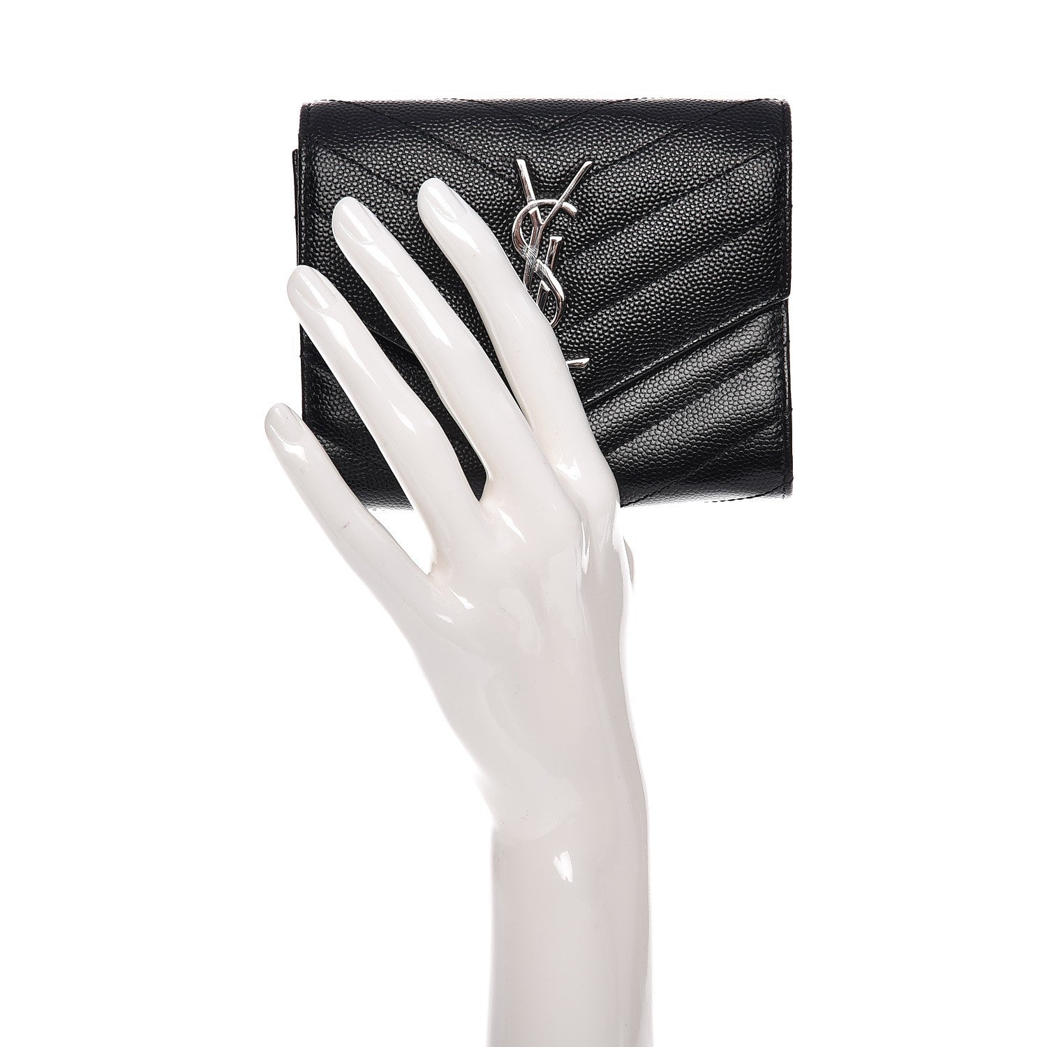 Saint Laurent Grain De Poudre Matelasse Chevron Monogram Compact Tri Fold Wallet Black 2 of 7