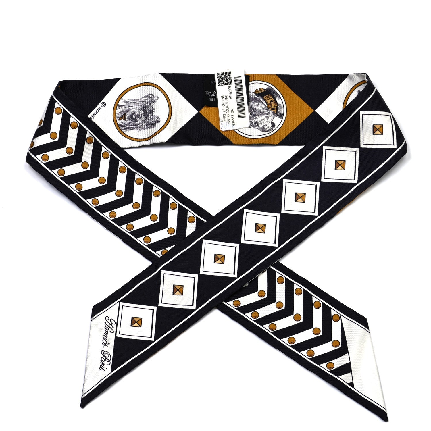 Hermes Silk Colliers Et Chiens Twilly Black Gold White 1 of 4