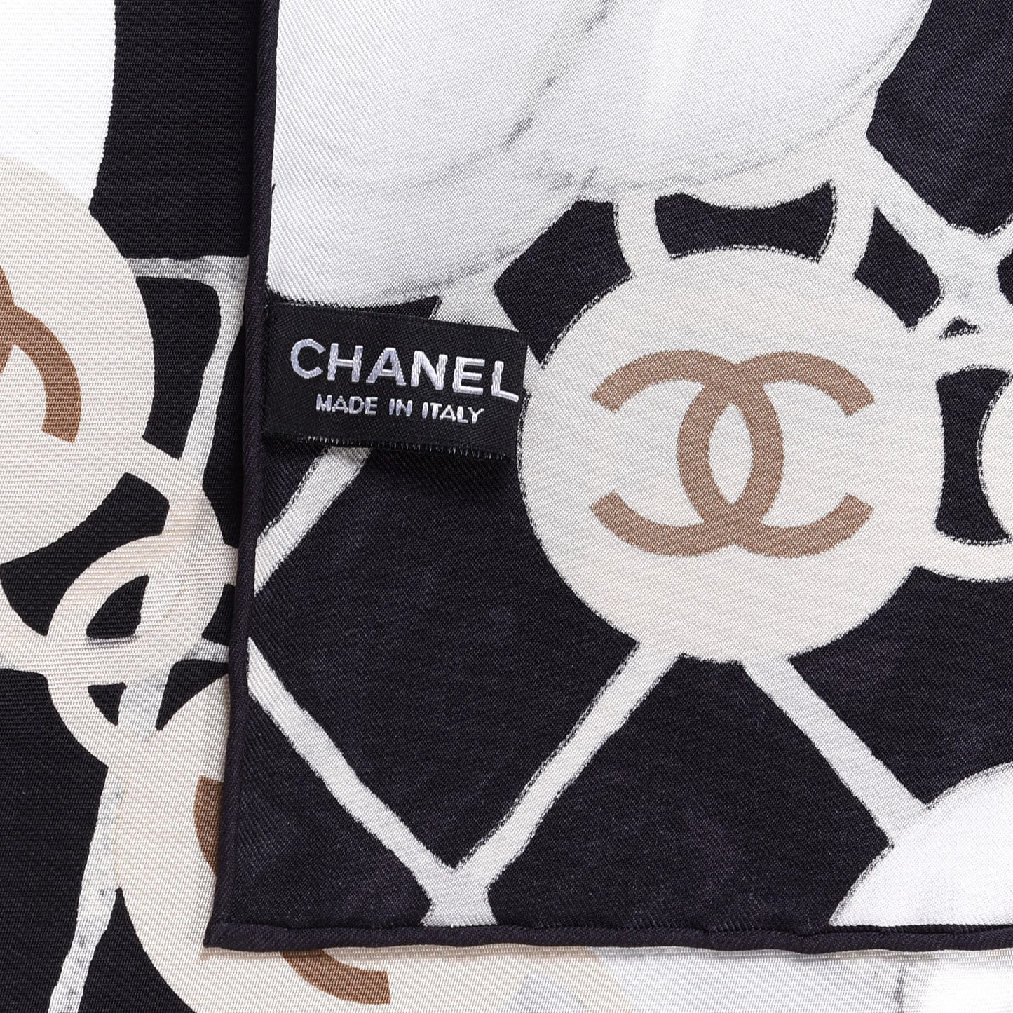 Silk CC Logo Camellia Scarf White Black