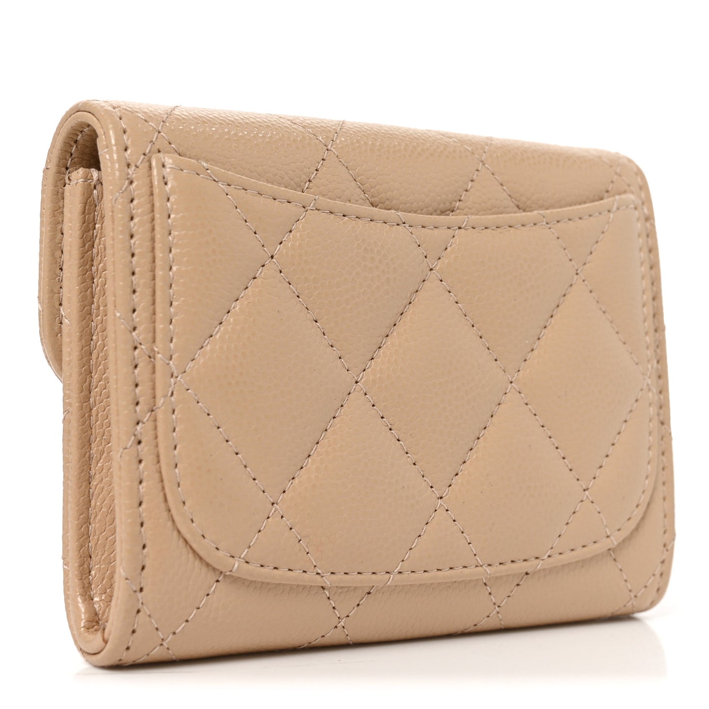Caviar Quilted Flap Card Holder Wallet Beige