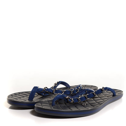 Chanel Suede Chain CC Thong Sandals 36.5 Navy Blue 3 of 5