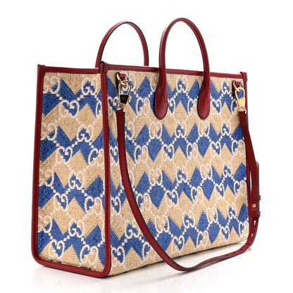 Gucci Raffia GG Monogram Hamptons Medium Tote Bag Beige Blue 2 of 10