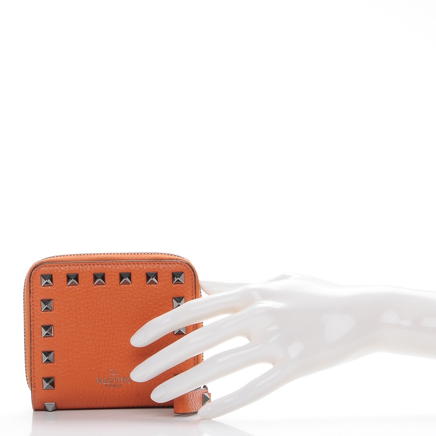 Valentino Garavani Pebbled Calfskin Rockstud Compact Zip Around Wallet Orange 2 of 9