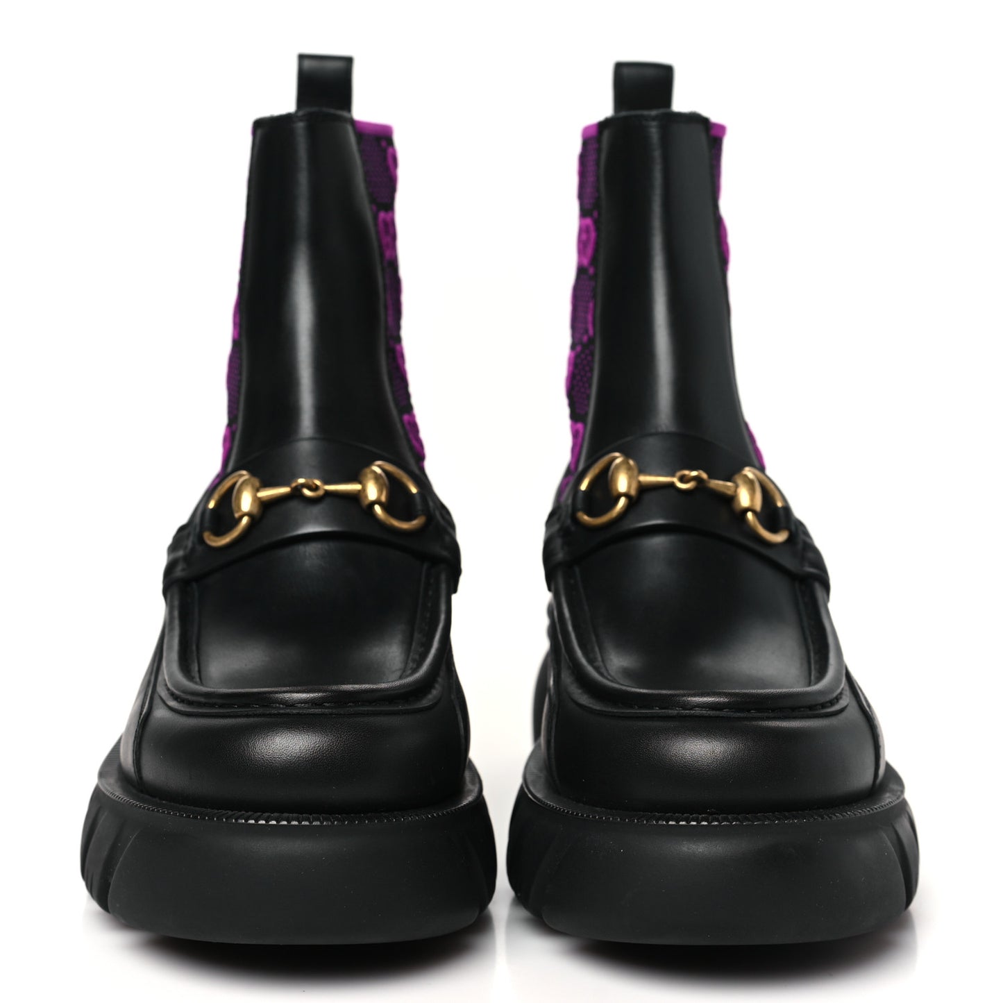 Quebec Calfskin Technical Jersey Knit GG Monogram Horsebit Ankle Boots 39 Black Fucsia