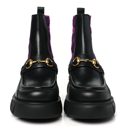 Gucci Quebec Calfskin Technical Jersey Knit GG Monogram Horsebit Ankle Boots 39 Black Fucsia 2 of 9