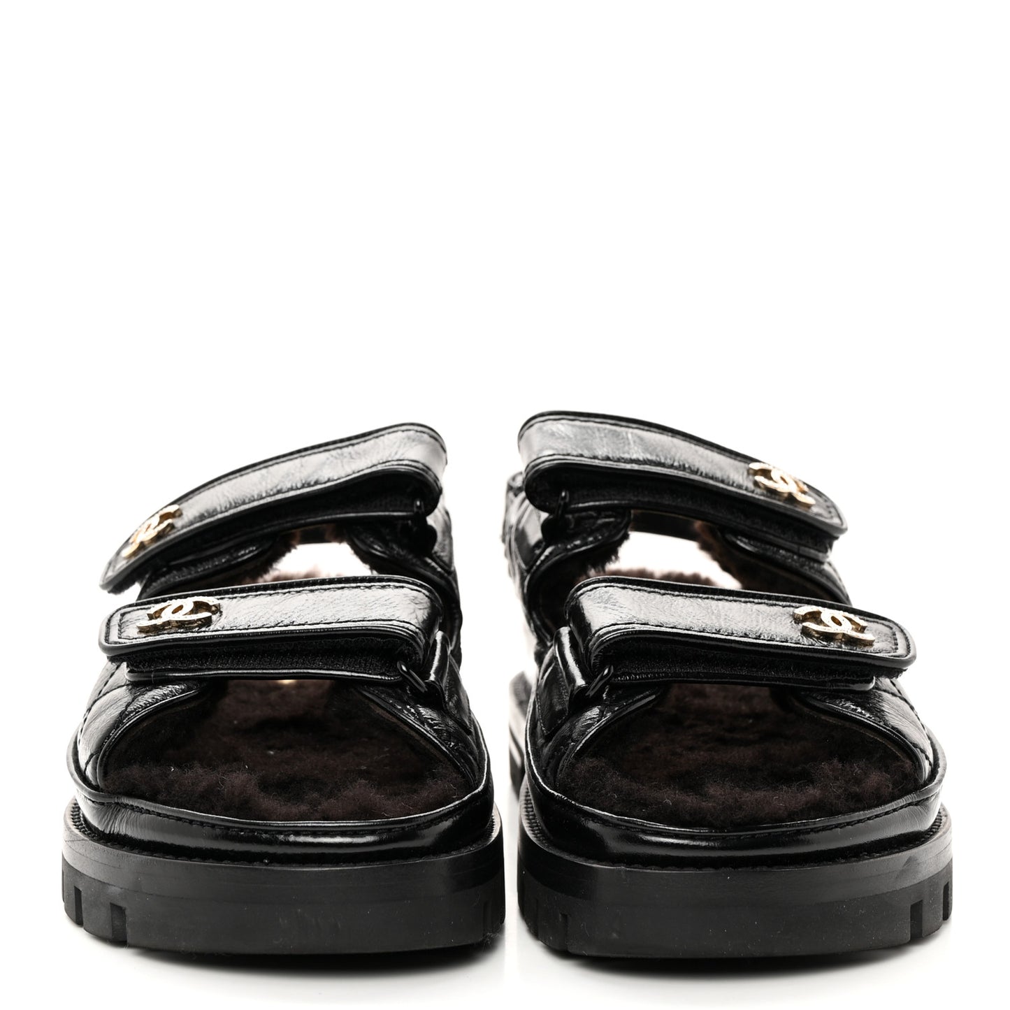 Laminated Lambskin Shearling Crystal CC Velcro Dad Platform Sandals 36 Black