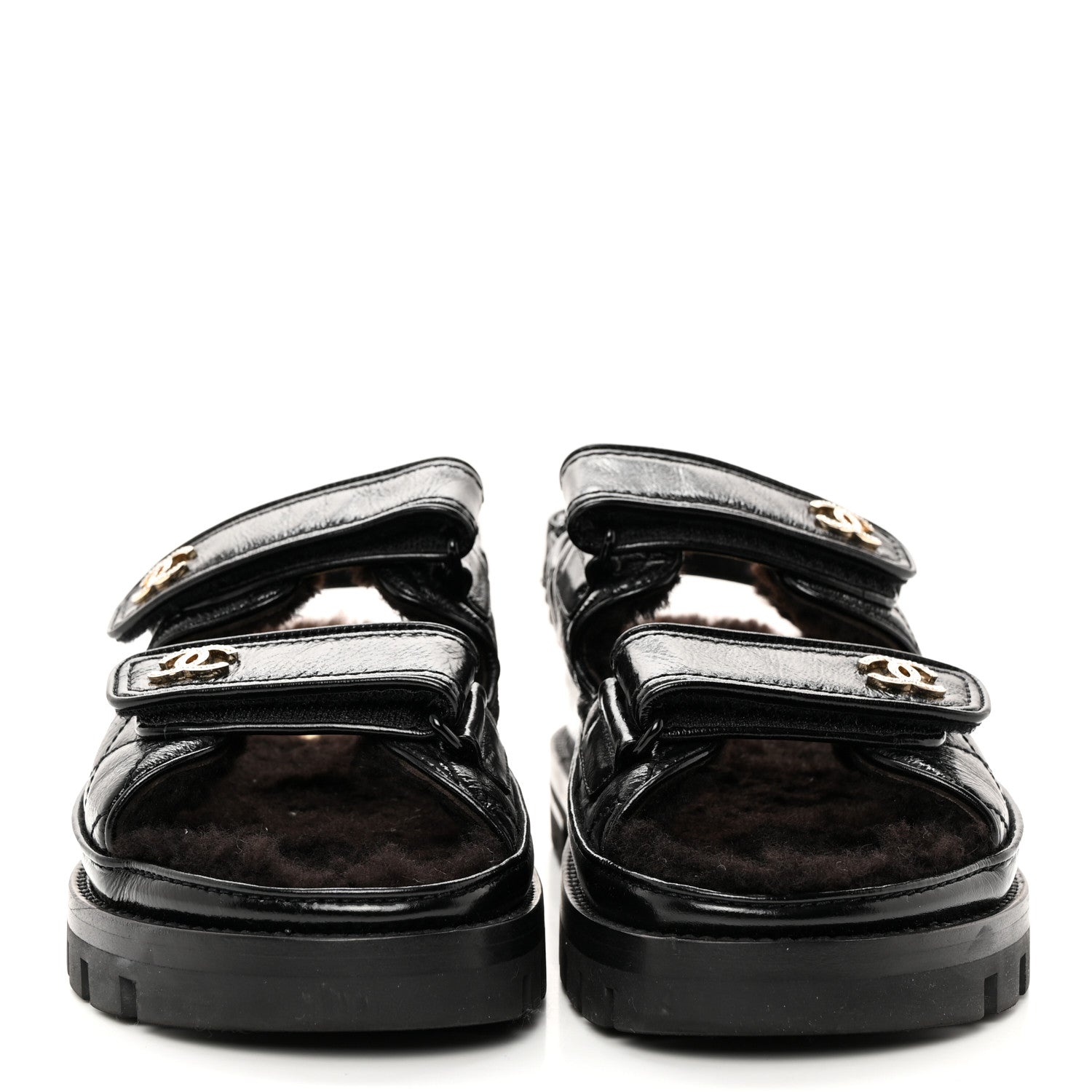Chanel Laminated Lambskin Shearling Crystal CC Velcro Dad Platform Sandals 36 Black 2 of 12
