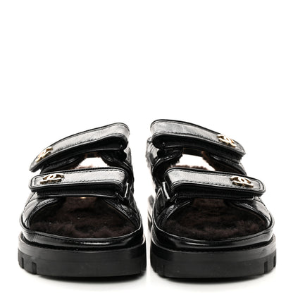 Chanel Laminated Lambskin Shearling Crystal CC Velcro Dad Platform Sandals 36 Black 2 of 12