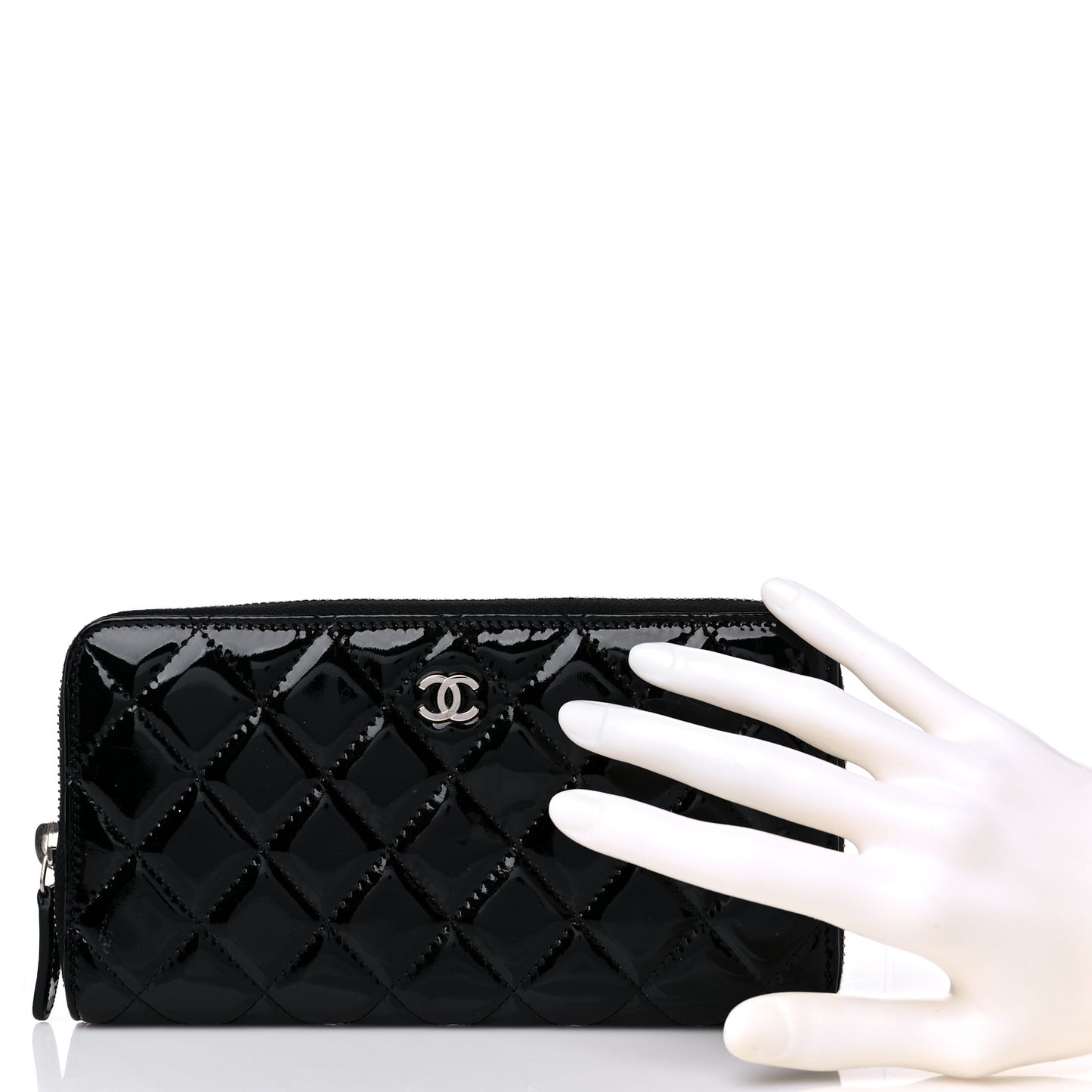 Patent Quilted Large Gusset Zip Around Wallet Black