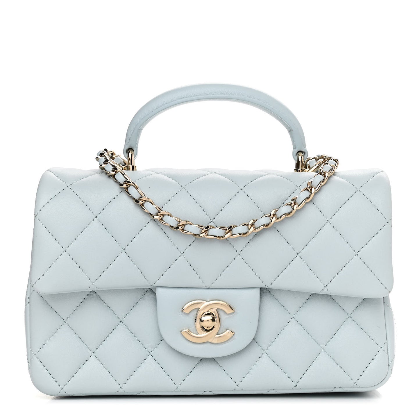 Lambskin Quilted Mini Top Handle Rectangular Flap Light Blue
