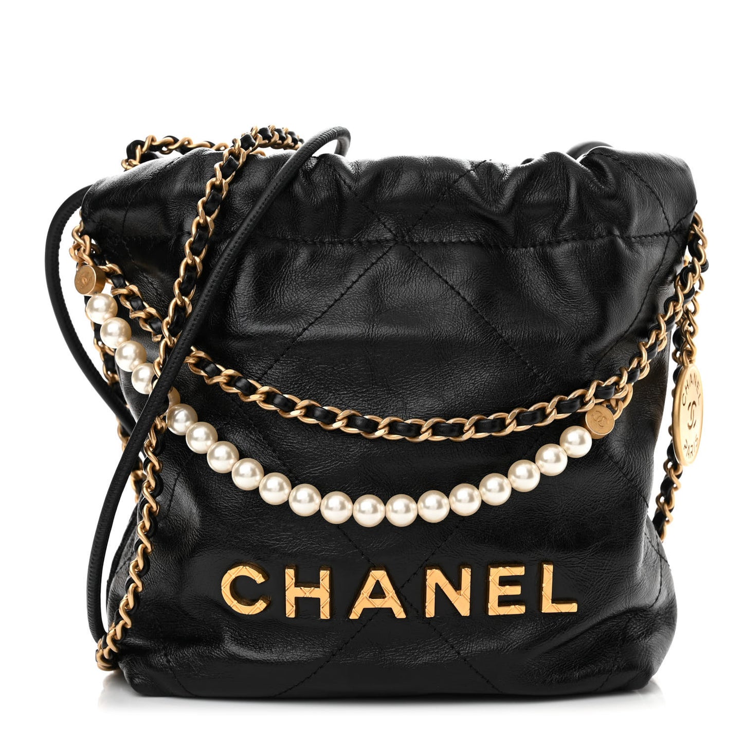 Shiny Crumpled Calfskin Quilted Pearl Mini Chanel 22 Black