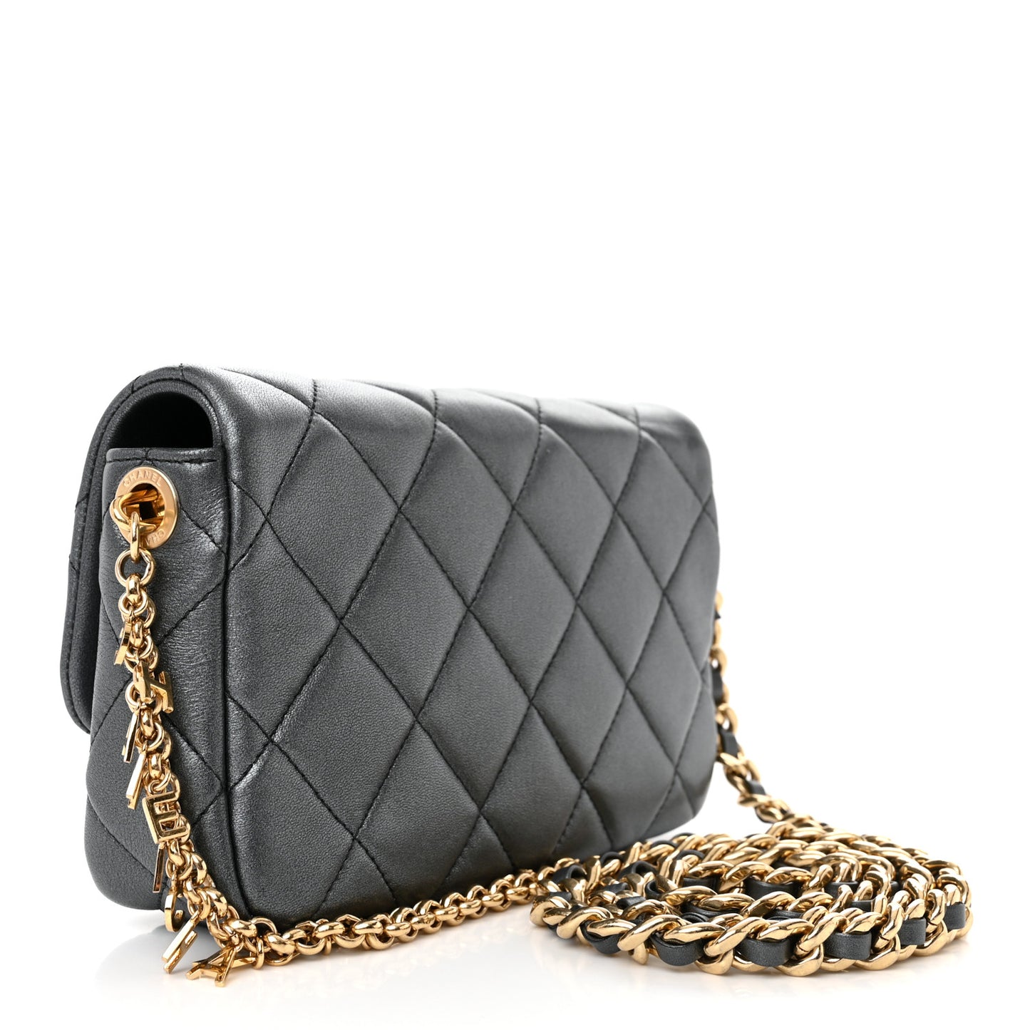 Metallic Lambskin Quilted Logo Charm Chain Flap Grey