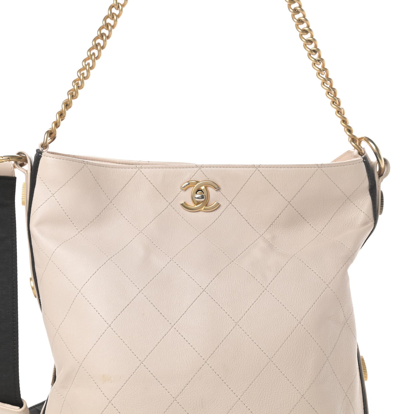 Calfskin Stitched Large Button Up Hobo Beige