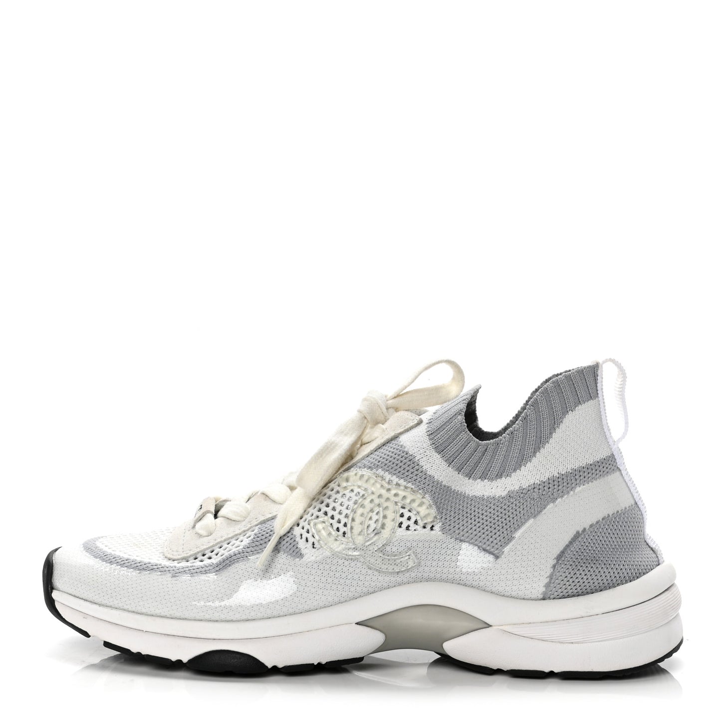 Fabric Suede Calfskin Stretch CC Sneakers 38.5 White Grey
