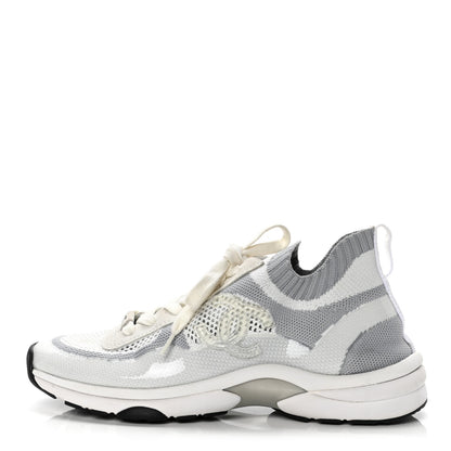 Chanel Fabric Suede Calfskin Stretch CC Sneakers 38.5 White Grey 1 of 9