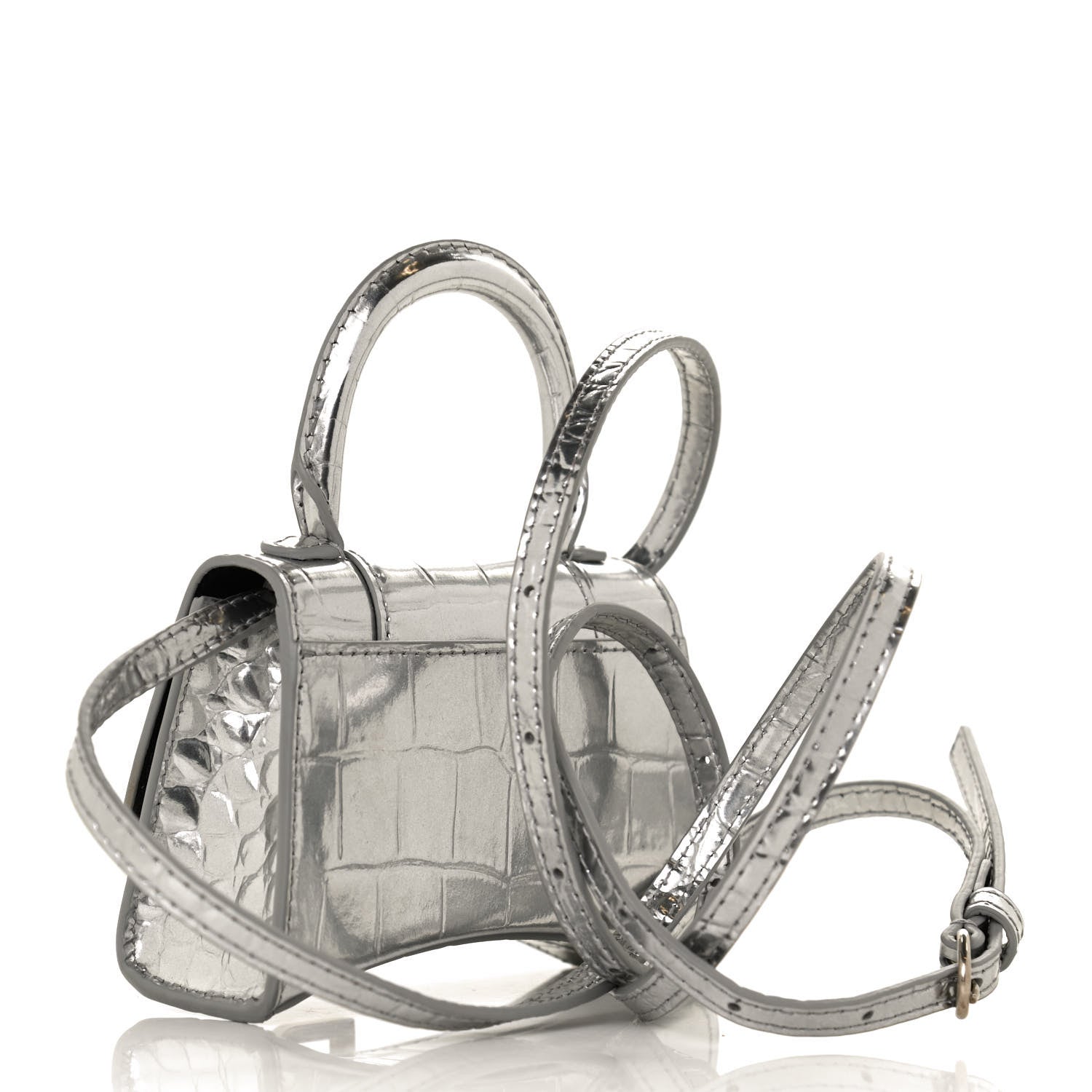 Balenciaga Metallic Calfskin Crocodile Embossed Hourglass Top Handle Bag Mini Silver 3 of 9