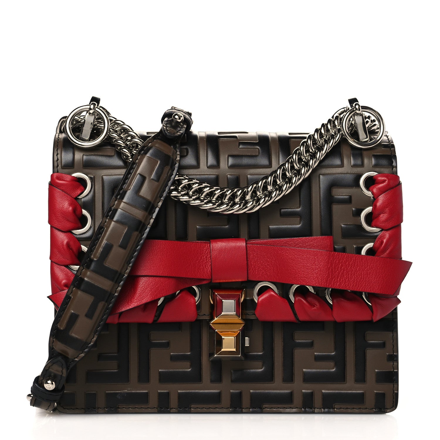 Fendi Vitello Shiny Nappa Bi-Color FF 1974 Lace Up Bow Embossed Small Kan I Shoulder Bag Maya Black Fragola 1 of 11