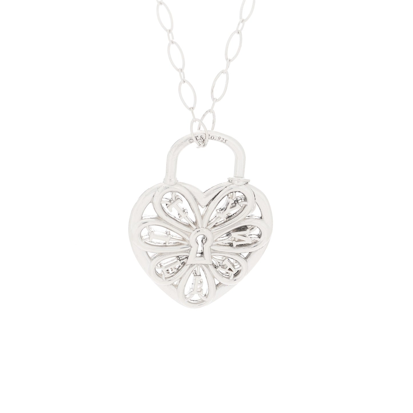 Sterling Silver Large Filigree Heart Lock Key Pendant Necklace