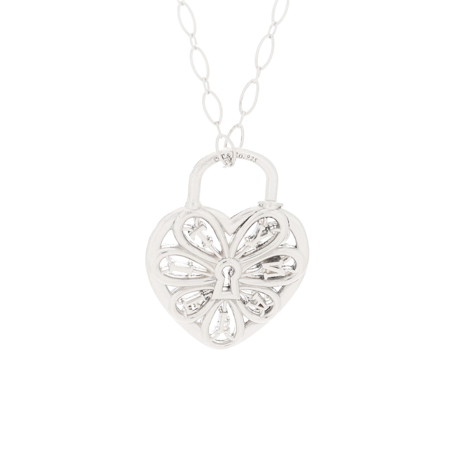 Tiffany Sterling Silver Large Filigree Heart Lock Key Pendant Necklace 6 of 6