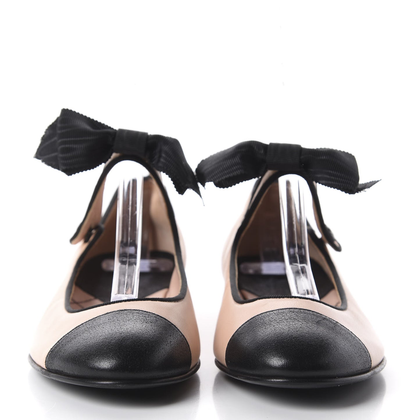 Lambskin Bow Mary Jane Ballerina Flats 38 Beige Black