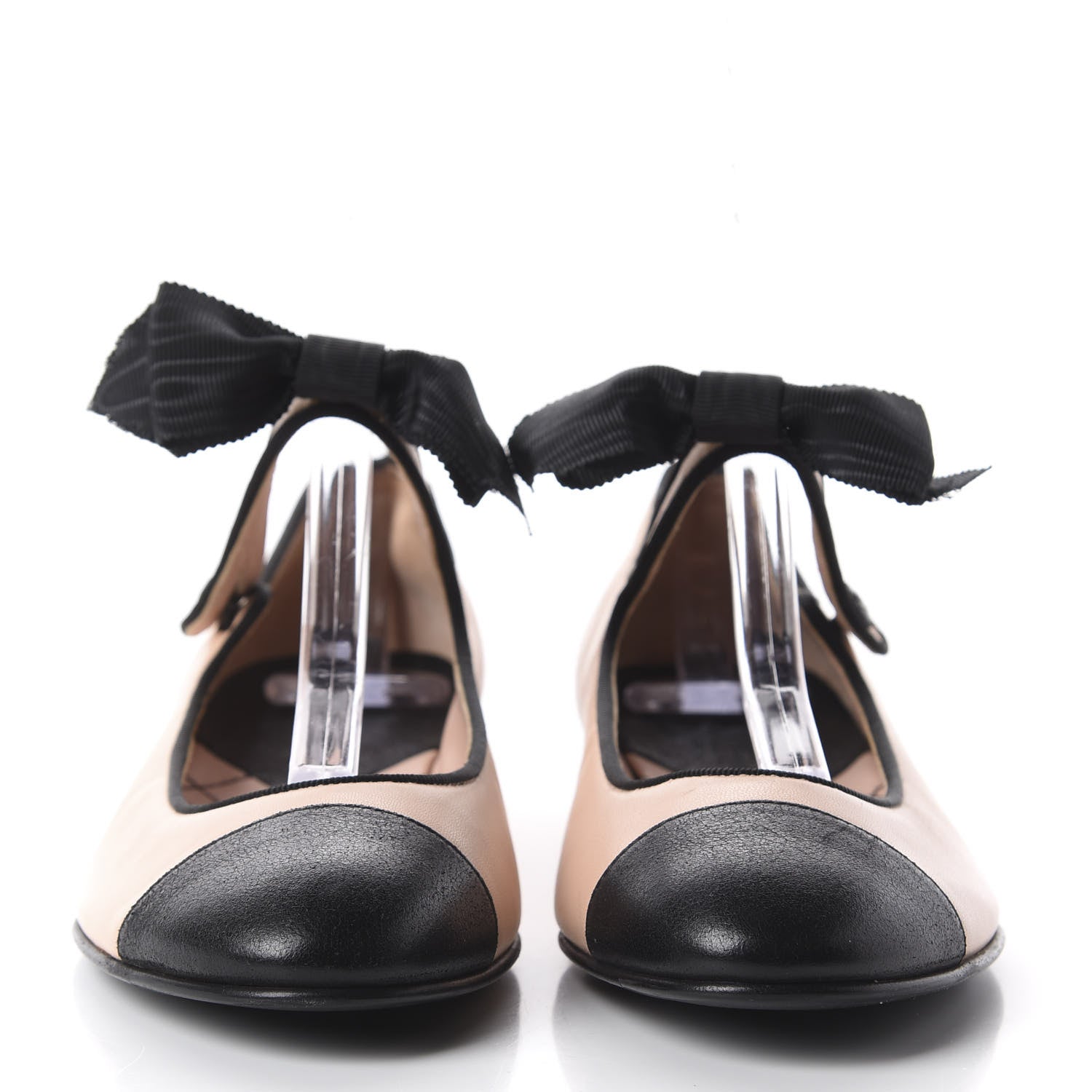 Chanel Lambskin Bow Mary Jane Ballerina Flats 38 Beige Black 3 of 10