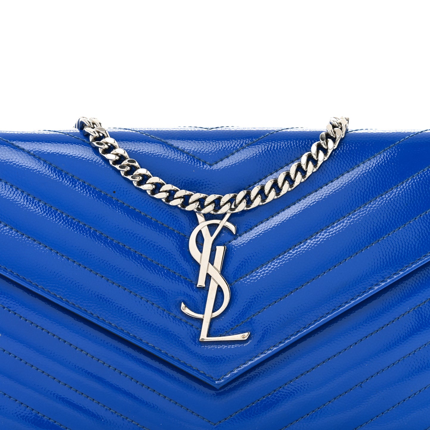Patent Grain De Poudre Matelasse Chevron Monogram Chain Wallet Blue Majorelle