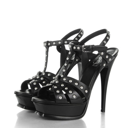 Saint Laurent Calfskin Tribute 105 Studded Platform Sandals 38 Black 3 of 6