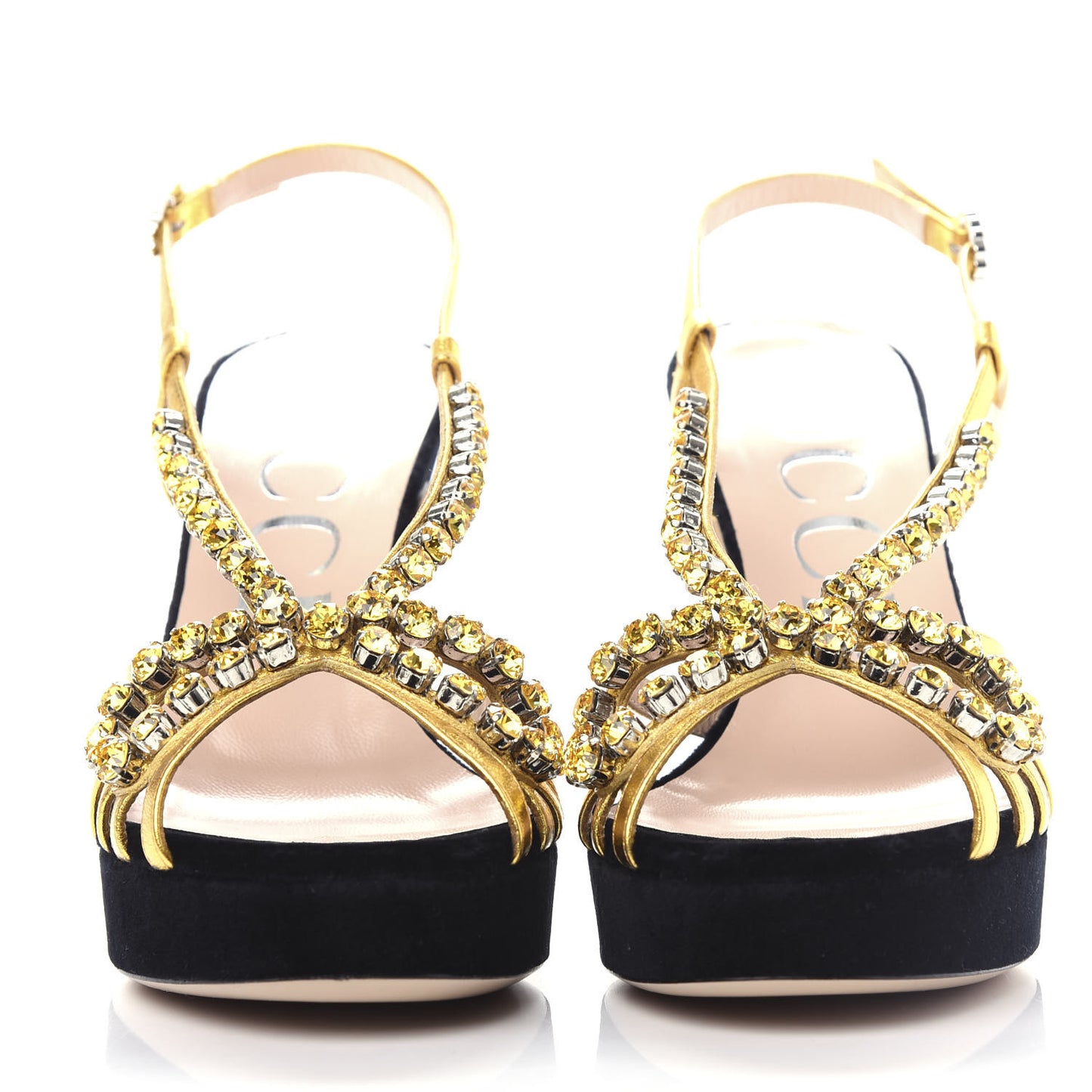 Velvet Nappa Crystal Zephyra Slingback Platform High Heel Sandals 39 Black Gold