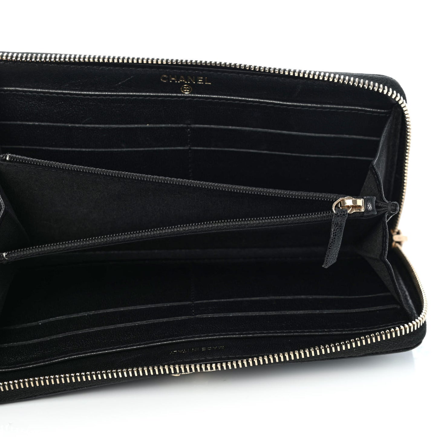 Caviar Sheepskin Chevron Quilted Mademoiselle Vintage Zip Around Wallet Black