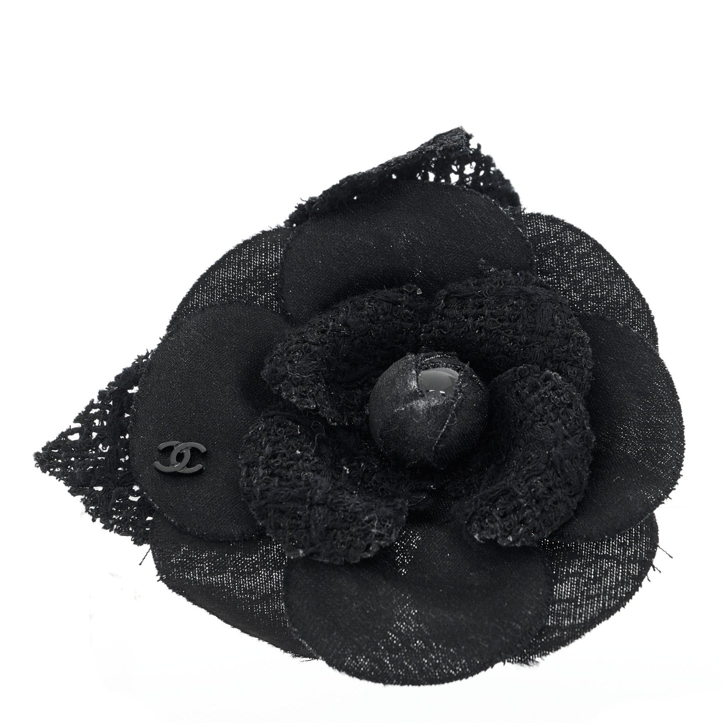 Tweed Fabric Camellia Pin Brooch Black