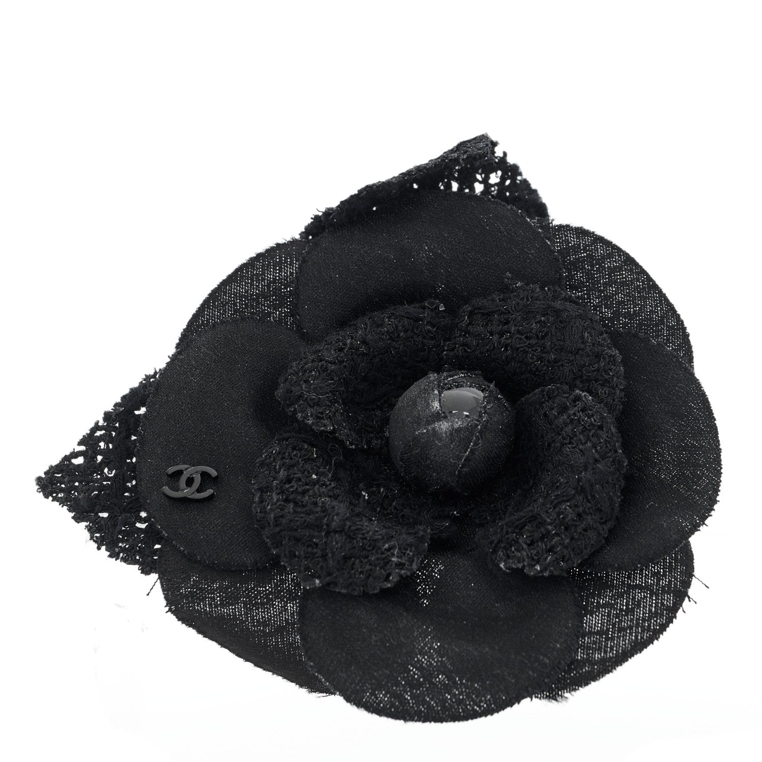 Chanel Tweed Fabric Camellia Pin Brooch Black 1 of 3