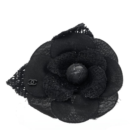 Chanel Tweed Fabric Camellia Pin Brooch Black 1 of 3