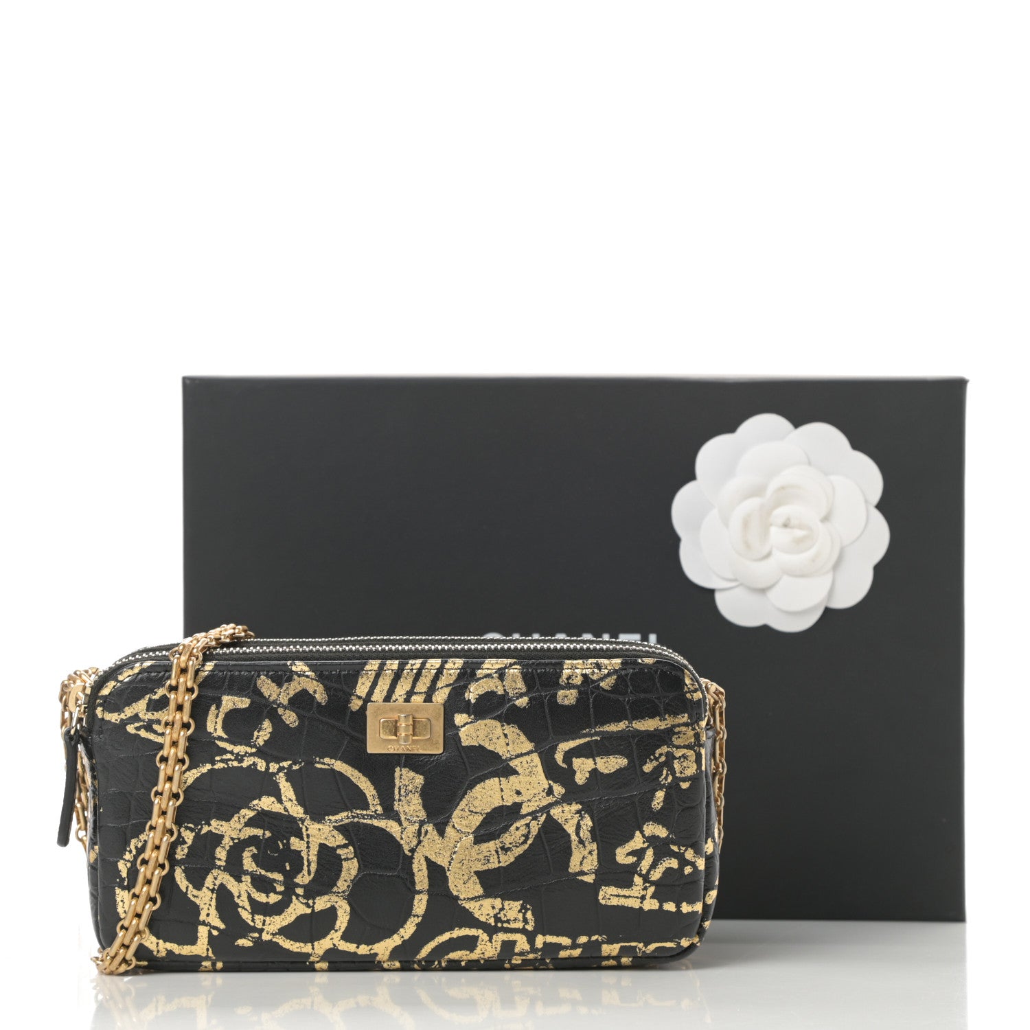 Chanel Calfskin Crocodile Embossed Graffiti 2.55 Cocodile Reissue Clutch With Chain Black Gold 14 of 14