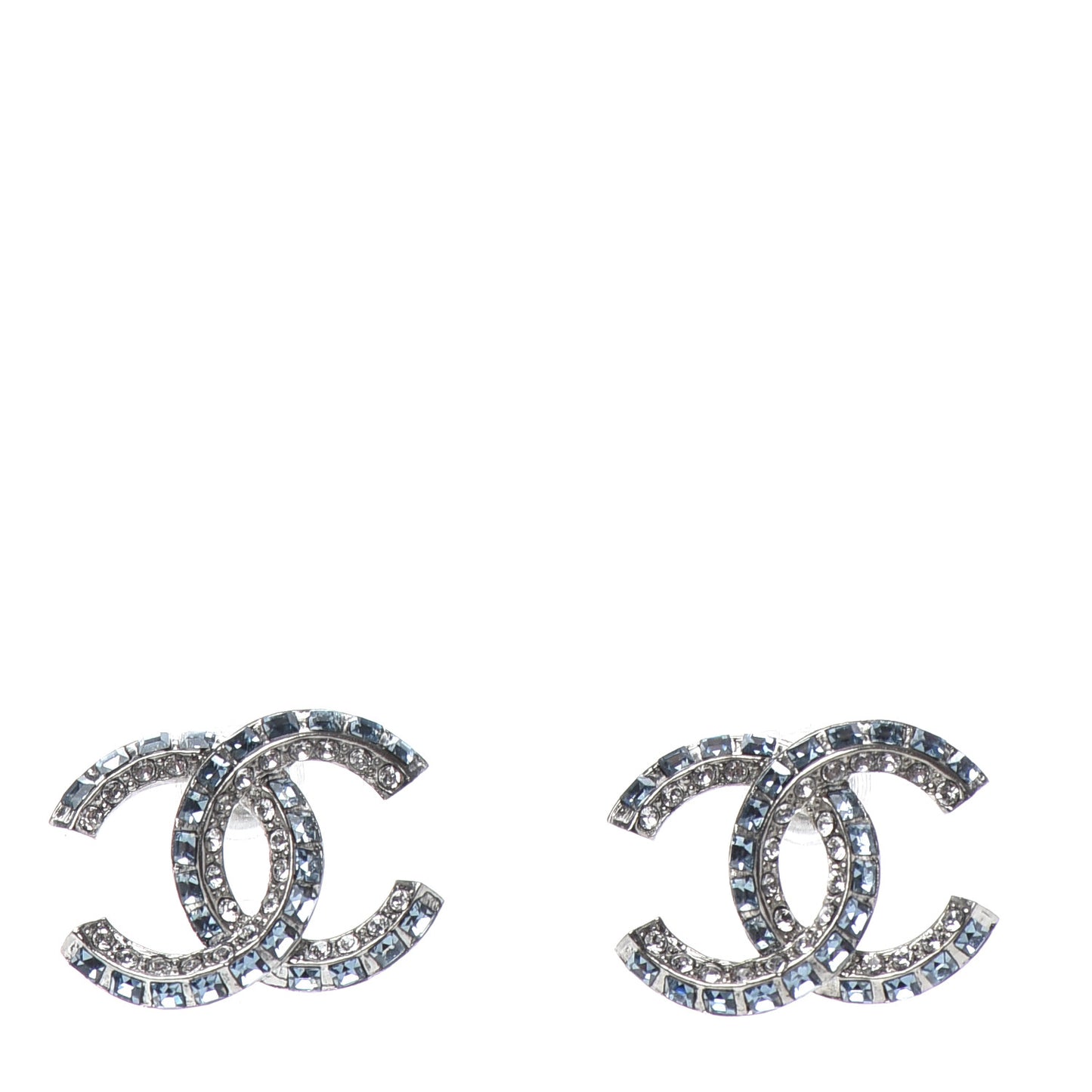 Metal Baguette Crystal CC Earrings Silver Blue