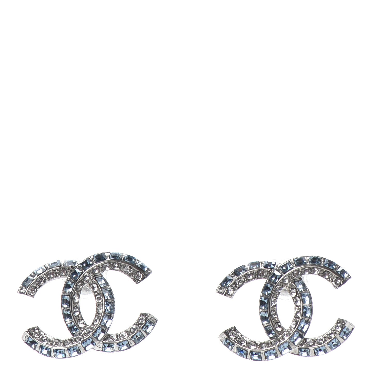 Chanel Metal Baguette Crystal CC Earrings Silver Blue 1 of 4