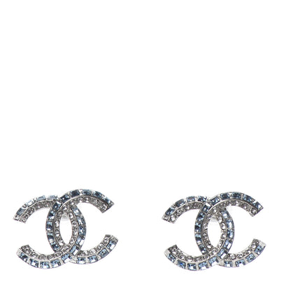 Chanel Metal Baguette Crystal CC Earrings Silver Blue 1 of 4