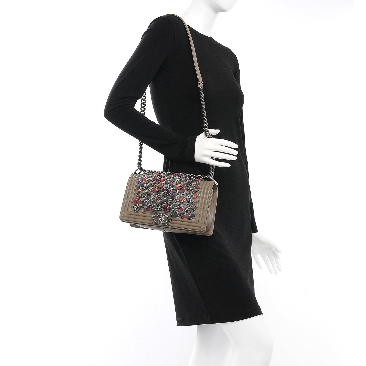 Chanel Calfskin Tweed Medium Boy Flap Dark Beige 2 of 8