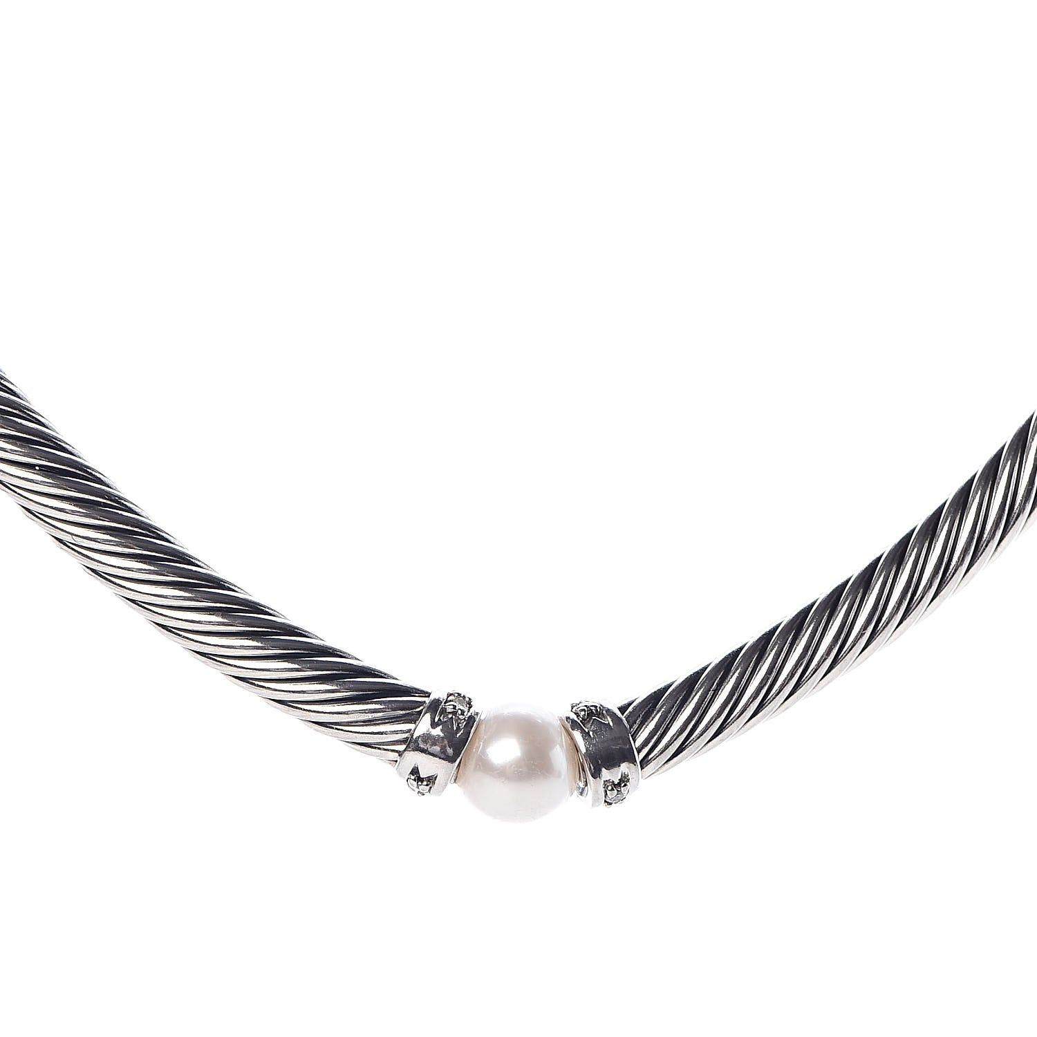 David Yurman Sterling Silver Diamond Pearl Hampton Cable Choker Necklace 3 of 5