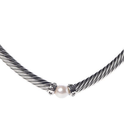 David Yurman Sterling Silver Diamond Pearl Hampton Cable Choker Necklace 3 of 5