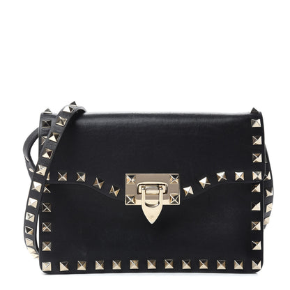 Valentino Garavani Vitello Rockstud Shoulder Flap Bag Black 1 of 10
