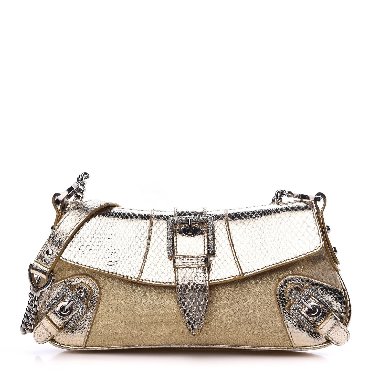 Snakeskin Jacquard Crystal Embellished Chain Clutch Gold