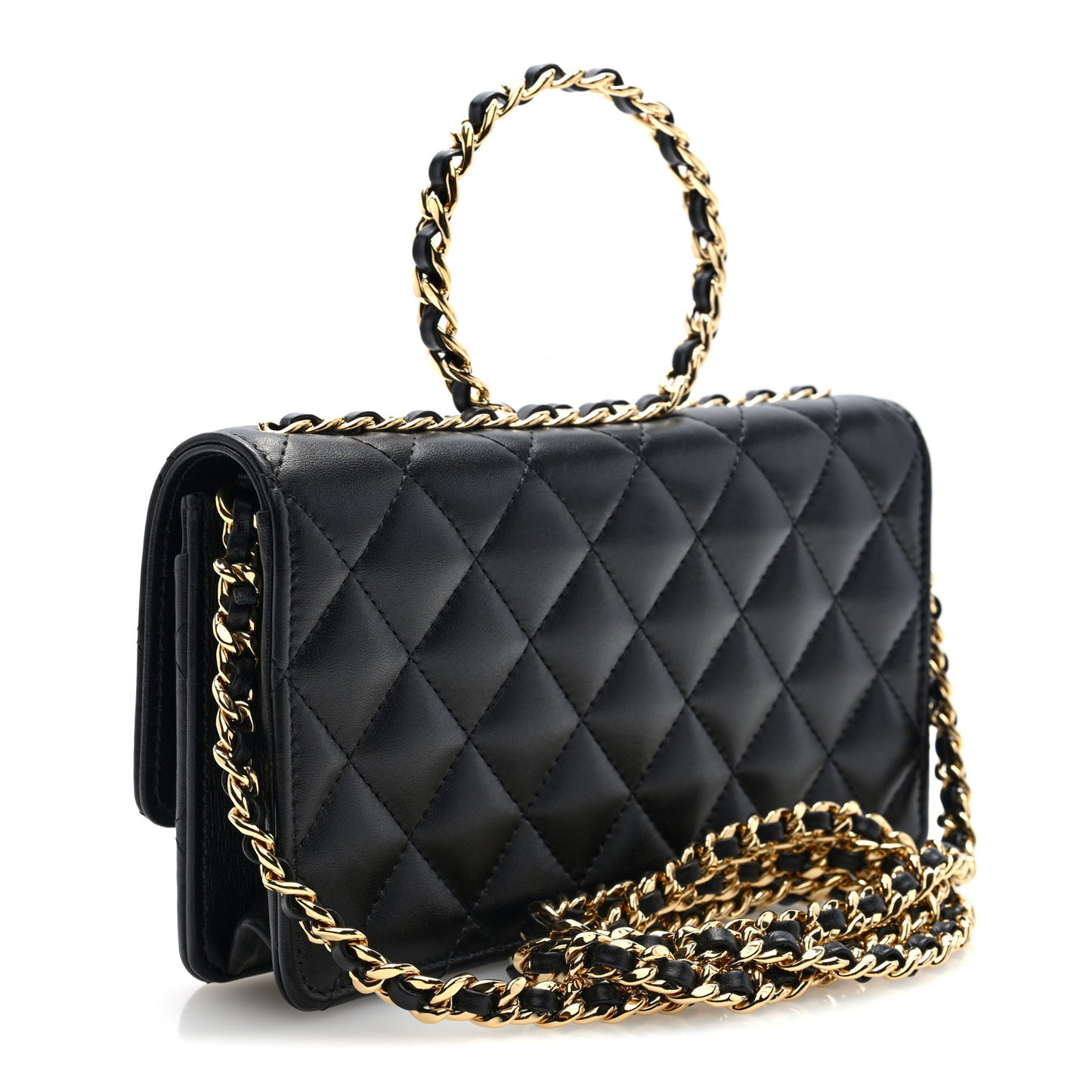 Lambskin Quilted Round Top Handle Flap Phone Holder With Chain Black