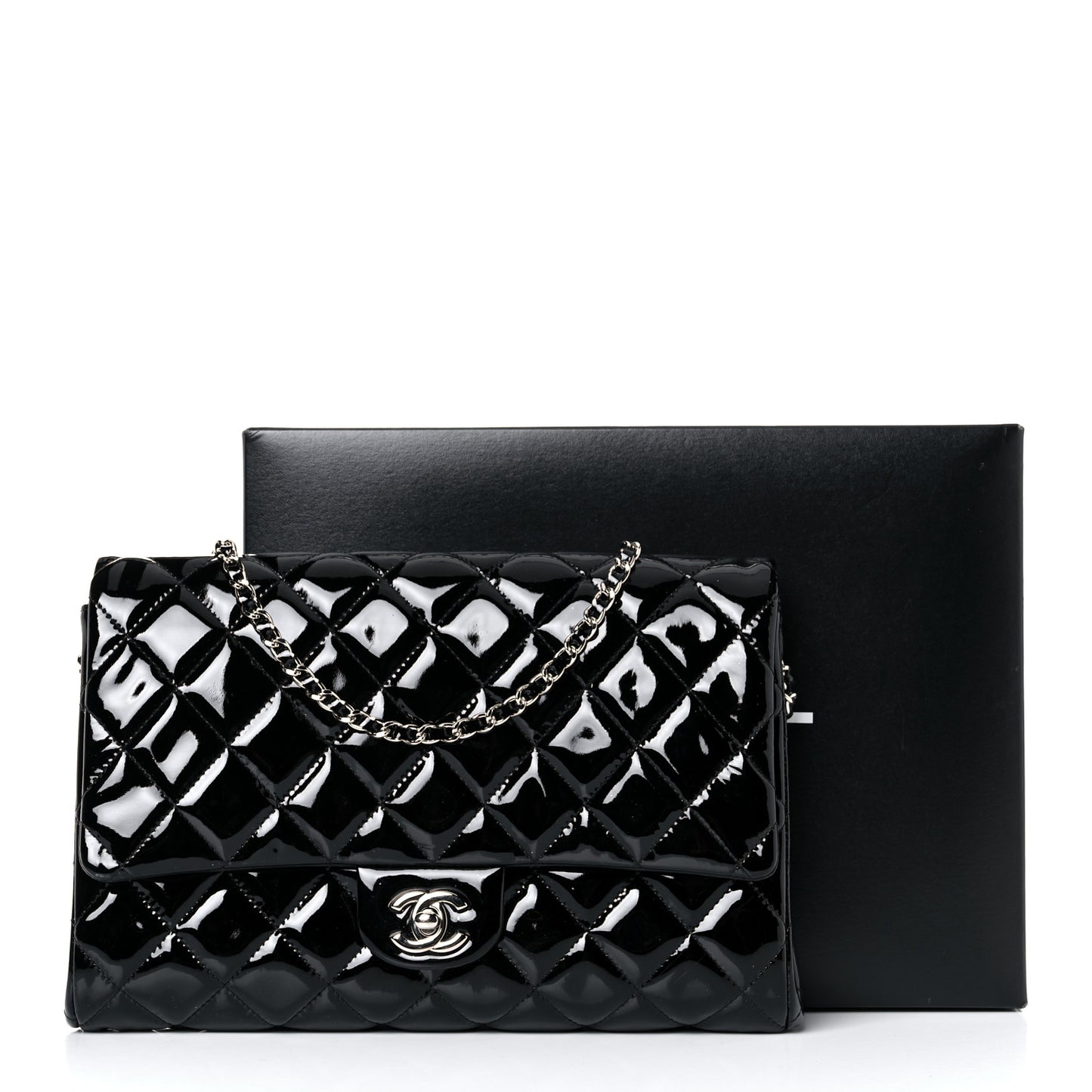 Patent Quilted Clutch with Chain Flap Black