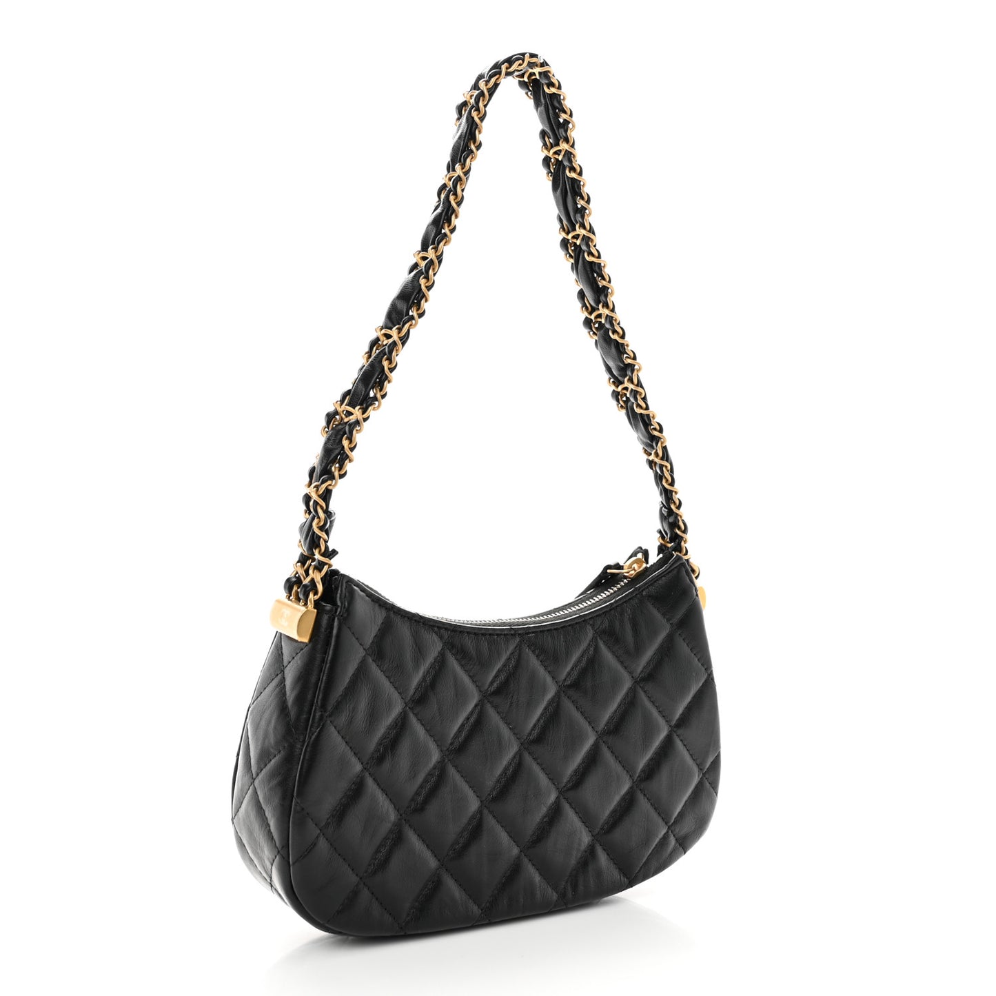 Crumpled Calfskin Quilted Braided CC Small Hobo Black