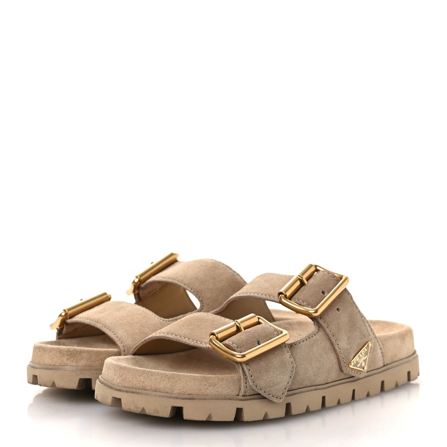 Suede Metal Triangle Logo Womens Double Buckle 20mm Slide Sandals 37 Ecru