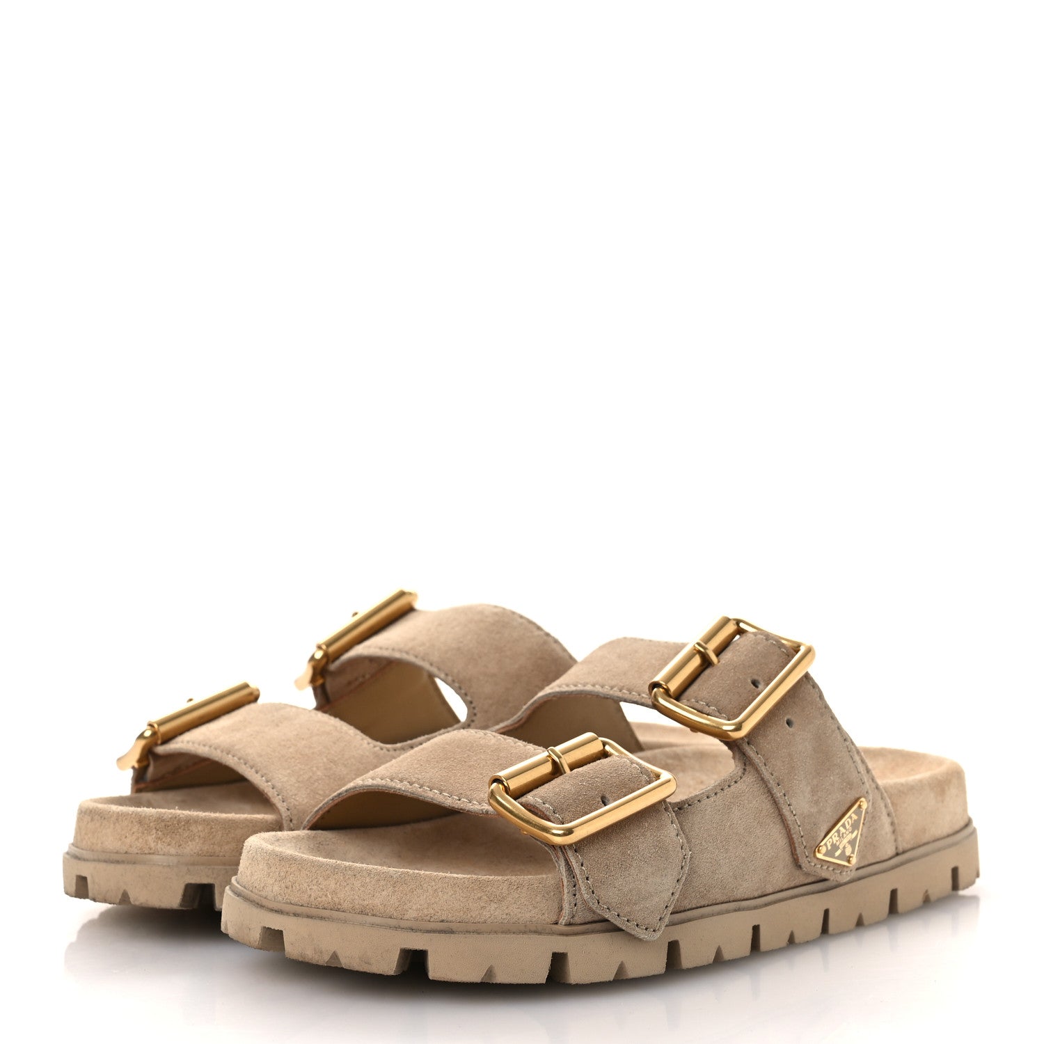 Prada Suede Metal Triangle Logo Womens Double Buckle 20mm Slide Sandals 37 Ecru 4 of 11
