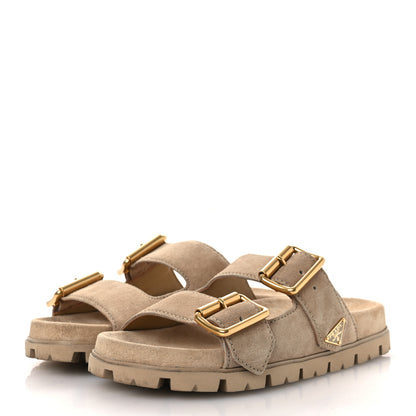 Prada Suede Metal Triangle Logo Womens Double Buckle 20mm Slide Sandals 37 Ecru 4 of 11