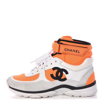 Chanel Suede Calfskin Lambskin Neoprene High Top CC Sneakers 37.5 White Fluo Orange 1 of 15