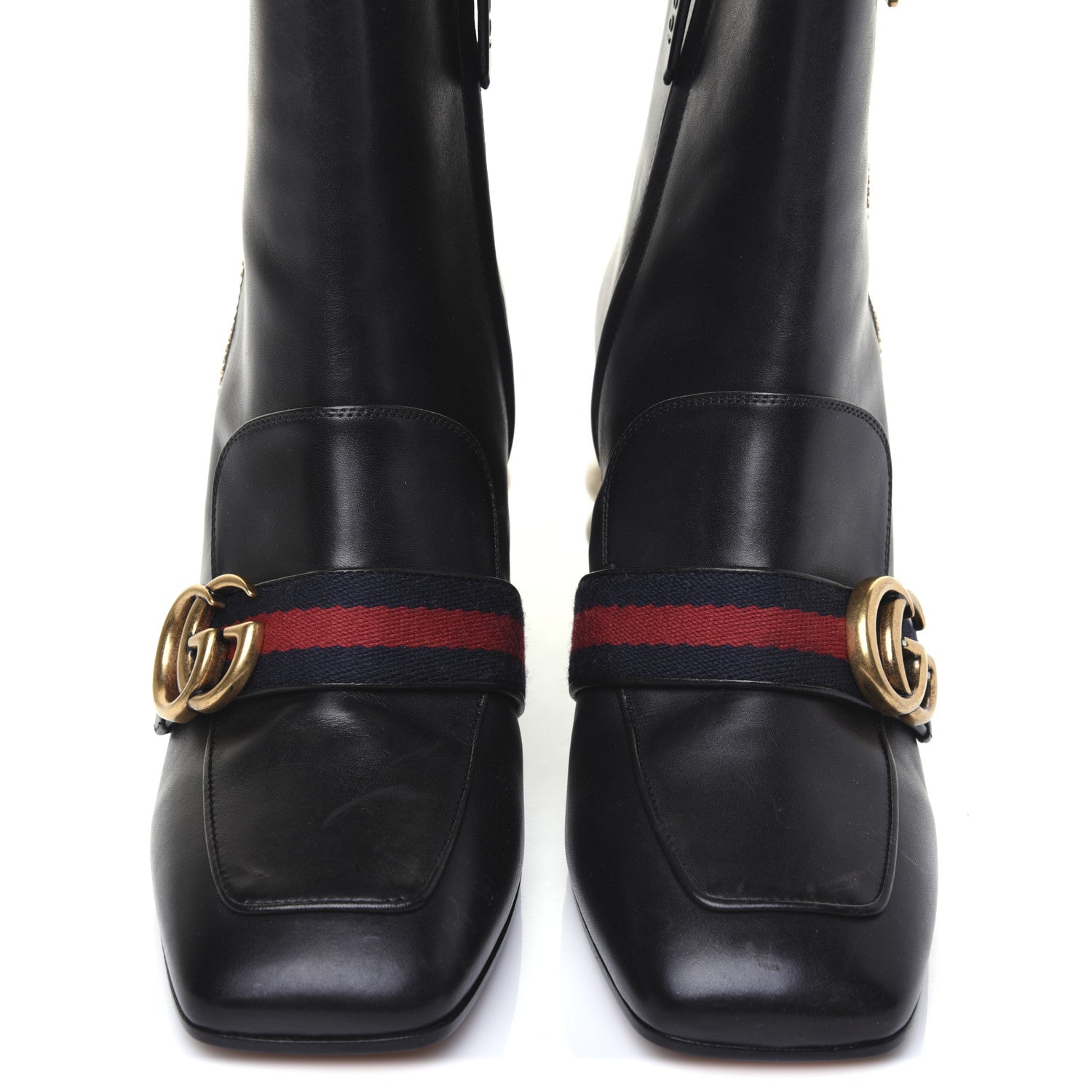 Gucci Betis Glamour Calfskin Web Pearl Embellished Peyton 75mm Ankle Boots 37 Black 5 of 19